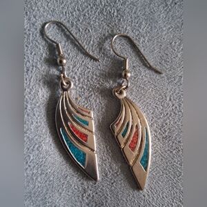 Vintage Western Style Turquoise and Red Silver Earrings